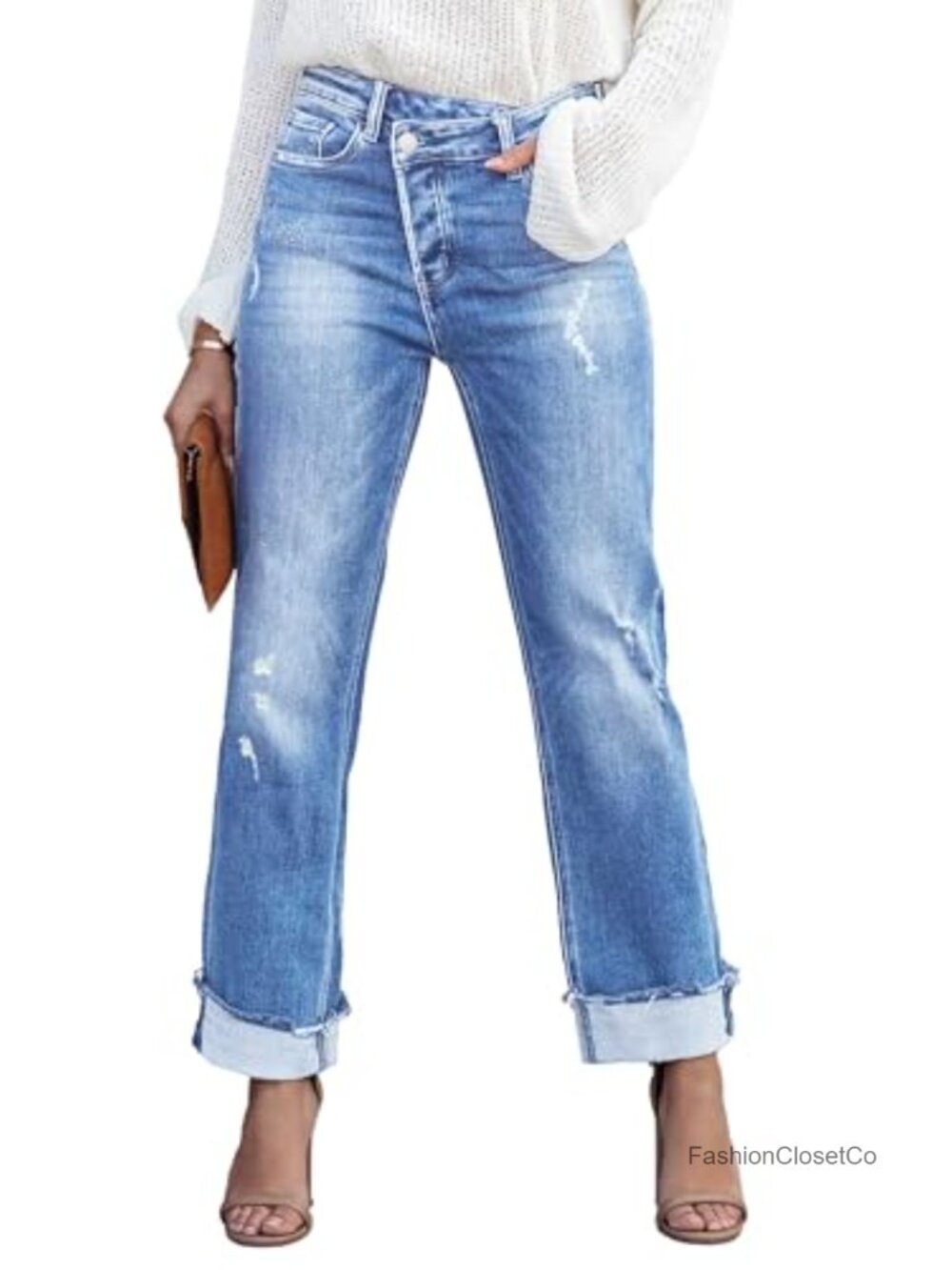 High Waisted Boyfriend Distressed Cuffed Jeans Stretch Denim